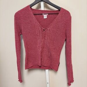 Unionbay Women Y2K Red Ribbed‎ Lace Up V-Neck Long Sleeve Top Large Grunge Fairy